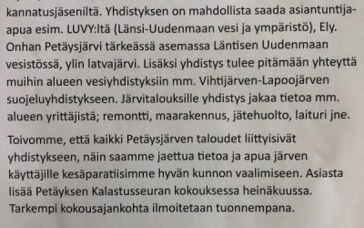 Petäyksen asukkaita, mökkiläisiä ja maanomistajia kutsutaan mukaan perustettavaan yhdistykseen